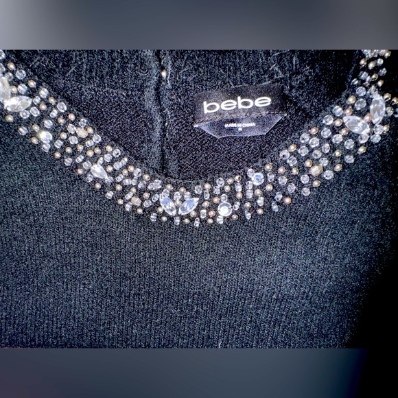 Bebe | Black Sweater with Embellished Jeweled Beaded Collar Neckline Size Medium - Picture 6 of 16